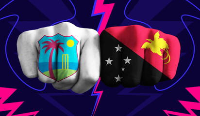 West Indies VS Papua New Guinea T20 Cricket World Cup 2024 concept match template banner vector illustration design. Flags painted on hand with colorful background