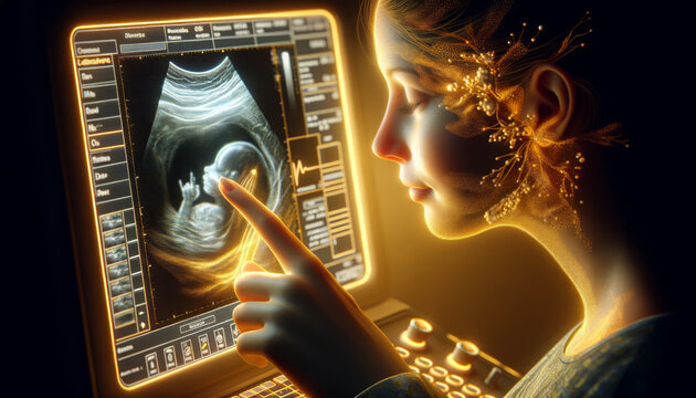 Hyper-realistic depiction of a pregnant woman during an ultrasound