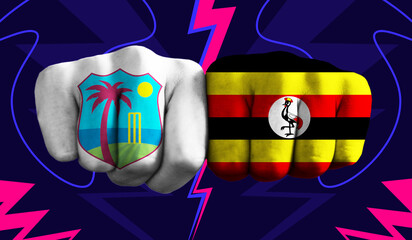 West Indies VS Uganda T20 Cricket World Cup 2024 concept match template banner vector illustration design. Flags painted on hand with colorful background