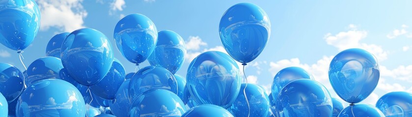 Blue balloons with a glossy finish float in a 3D rendering against an isolated sky backdrop
