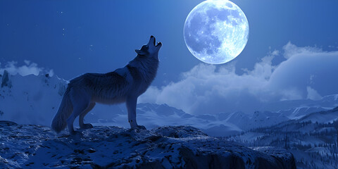 Monster werewolf on top of a cliff on background of moon at night.
