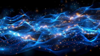 Abstract digital illustration with blue light waves, glowing particles, and dynamic lines, ideal for technology and futuristic themes.