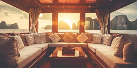 beautiful blurred background of an interior yacht with panoramic windows and sofas, generative AI