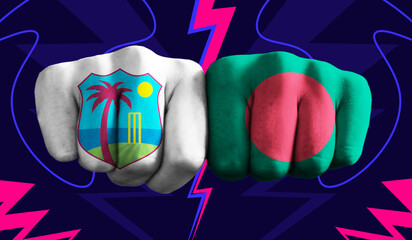 West Indies VS Bangladesh T20 Cricket World Cup 2024 concept match template banner vector illustration design. Flags painted on hand with colorful background