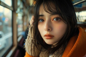 Looking at the women outside through the glass in the bus