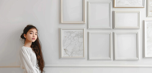 Young girl beside blank gallery frames against a pearl white wall