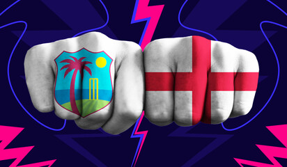 West Indies VS England T20 Cricket World Cup 2024 concept match template banner vector illustration design. Flags painted on hand with colorful background