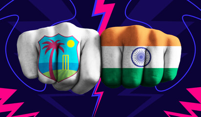West Indies VS India T20 Cricket World Cup 2024 concept match template banner vector illustration design. Flags painted on hand with colorful background