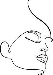 Abstract Woman Face Modern Continuous One Line Drawing. Female Art Print Line Drawing Sketch Illustration. Woman Face Modern Print. Minimalist Female Contour Art Design. Vector EPS 10.