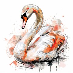 Elegant watercolor sketch of a swan, blending vibrant splashes of orange and black hues. Perfect for artistic and decorative use.