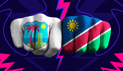 West Indies VS  Namibia T20 Cricket World Cup 2024 concept match template banner vector illustration design. Flags painted on hand with colorful background