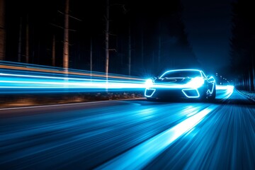 Fototapeta premium Futuristic neon-lit sports car speeding through a dark forest at night, showcasing dynamic motion and modern technology.