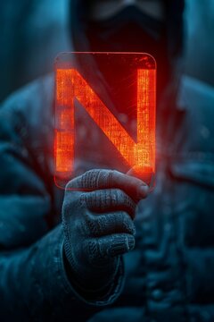 Gloved hand holding a glowing neon orange letter N in a dark, cold environment, symbolizing technology and mystery in an urban setting.