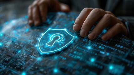 Naklejka premium Hands hover over a digital screen with a glowing blue lock symbol, representing data security and technology protection in cyberspace.