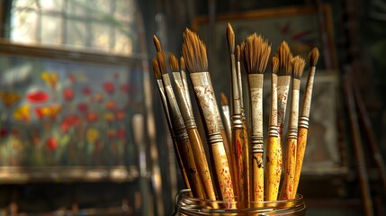 Fototapeta premium A 3D model of a set of artist's brushes in a jar, art studio backdrop, soft focus with large copy space above