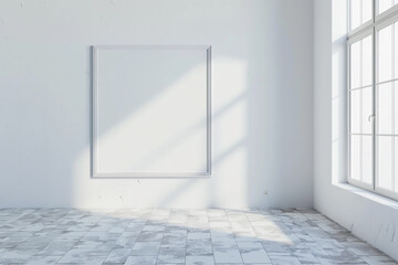 Empty room with a blank frame on a white wall and ceramic tile flooring. High-definition 3D render.