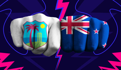 West Indies VS New Zealand T20 Cricket World Cup 2024 concept match template banner vector illustration design. Flags painted on hand with colorful background