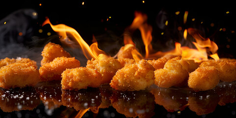 features a black background with a close-up of fried food on a grill food is covered in a bread crumb coating background is set on fire, adding a dramatic effect