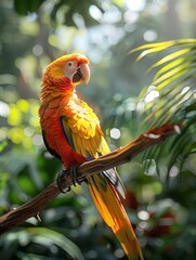 A vibrant parrot perches in a lush tropical forest, with space on the left for text