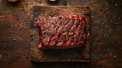 A top-down view of raw beef brisket, seasoned with a dry rub and ready for slow smoking
