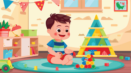 Joyful little baby boy playing with colorful toy 
