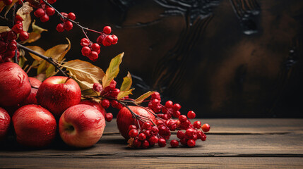 Rustic Fall Background With Red Leaves and Fresh Apples