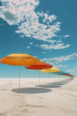 Fototapeta premium Vivid beach umbrellas under a sunny sky provide ample copy space in this 3D scene of a beautiful beach setting