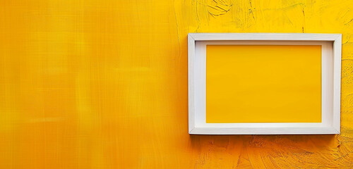 White frame for paintings or photographs on ochre yellow background, bright art style,