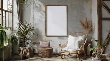 A mockup of an interior poster featuring a vertical wooden frame on a blank white wall adorned with a macrame pot hanging and a plant branch.  