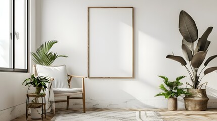 A mockup of an interior poster featuring a vertical wooden frame on a blank white wall adorned with...
