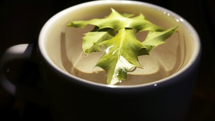 Close-up of a hot tea mug. Tea leaves in a big cup (Maytenus ilicifolia). Tea time. A hot beverage. A big cup of tea on the table.  