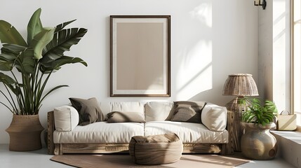 A mockup of an interior poster featuring a vertical wooden frame on a blank white wall adorned with a macrame pot hanging and a plant branch.  
