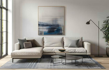 Modern living room white walls, poster, sofa set and wooden floor. Created with Ai