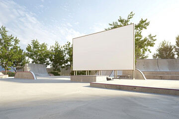 Obraz premium Modern skate park with a blank billboard, 3D rendered for youth-oriented ads, highlighted with a light border.
