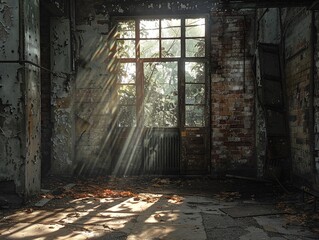 abandoned warehouse, sunbeams through cracks, eerie , hyper detailed