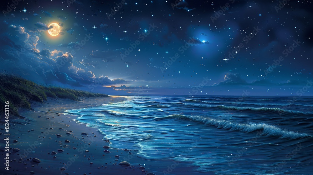 Wall mural nature background, moonlit beach with starry sky: a peaceful beach bathed in moonlight, with the oce - Wall murals