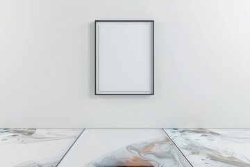 Minimalist 3D rendered mockup of a blank frame on a white wall in a room with an acrylic floor. Ultra HD, high-quality image.