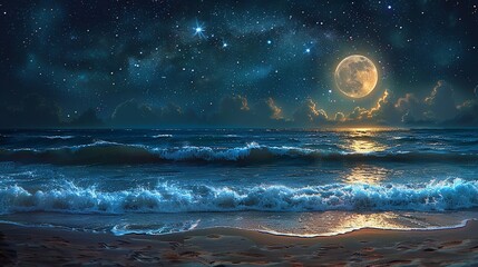 Nature Background, Moonlit Beach with Starry Sky: A peaceful beach bathed in moonlight, with the ocean waves shimmering under the night sky filled with twinkling stars. Illustration image,