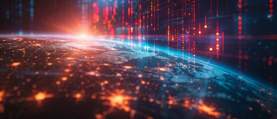 Obraz premium Abstract futuristic technology background with a glowing digital grid and earth view, representing global data exchange and networks.