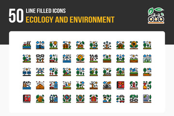 Set of 50 Ecology And Environment icons related to Water drop, Earth globe, Lightbulb, Bicycle Line Filled Icon collection