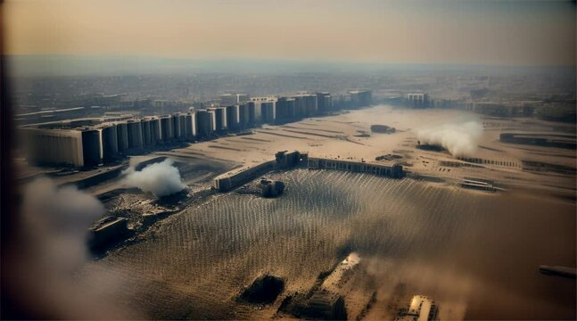 3D illustration of a brutal war scene, destroyed city after war on the battlefield.