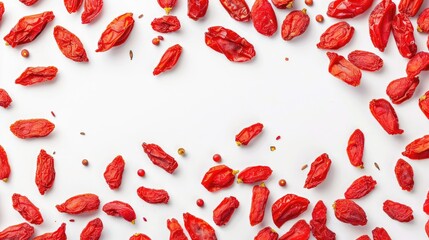 Top view of macro shot of dried Chinese wolfberries goji berries on white background
