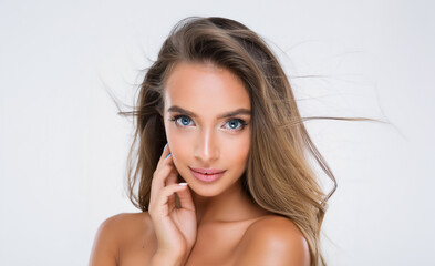 Naklejka premium Beautiful young blonde woman with blue eyes, touching the side of her face with her hand, looking straight at camera. Isolated on a white background.