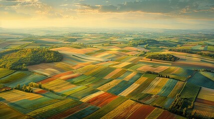 Aerial view of vibrant patchwork farmland, early morning light, slight haze , vibrant color