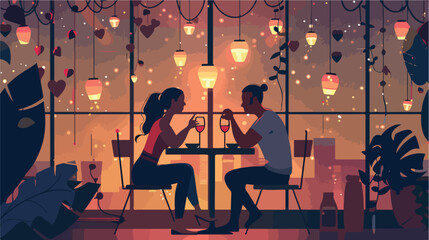 Loving couple sitting at table in restaurant on romance 