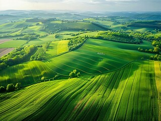 Fototapeta premium Aerial view of vibrant patchwork farmland, early morning light, slight haze , vibrant color