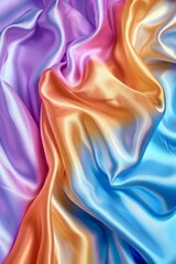 Obraz premium Vibrant Silk Fabrics in a Wave of Purple, Orange, and Blue Hues - Abstract Textile Background