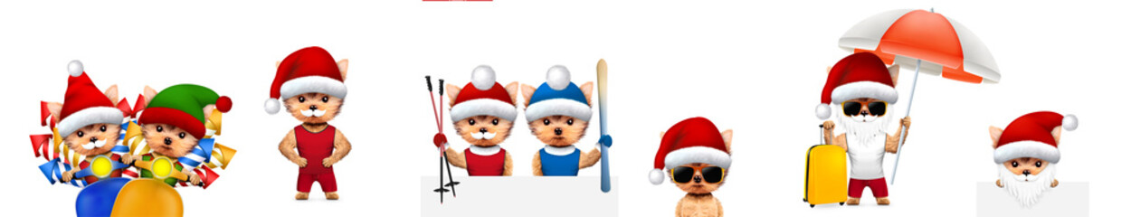 Funny Dog Santa wearing hat, beard and moustache with Elf. Christmas concept