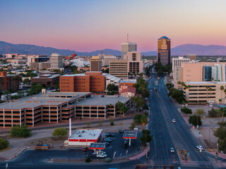 City skyline of downtown Tuscon at sunset, Arizona, United States of America.