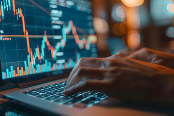 Close-up of hands typing on a laptop with stock market graphs on the screen, editorial office background, Magazine Photography Style